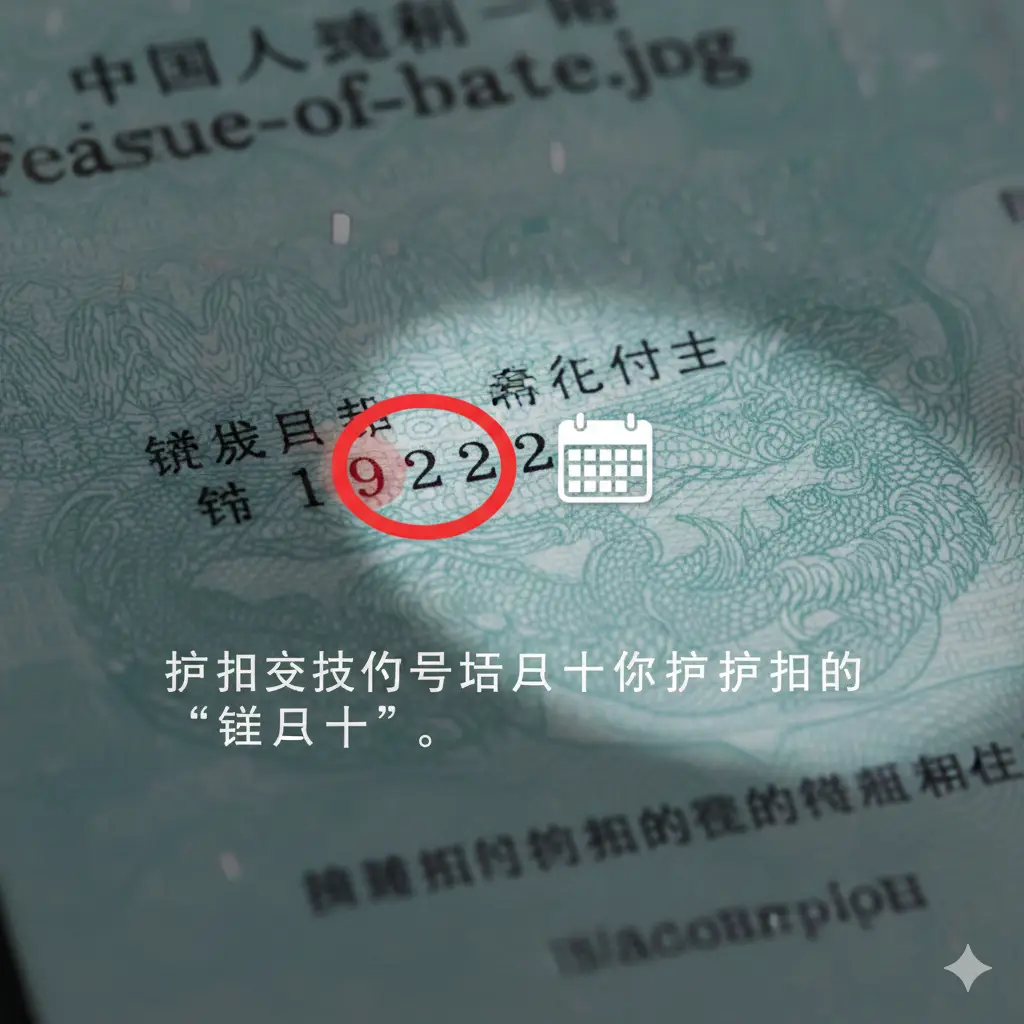 一张写实风格的护照资料页特写图。画面聚焦于护照内部的‘签发日期/Date of Issue’和‘有效期至/Date of Expiry’字段。使用一个半透明的红色数字化高亮圆圈标注在‘签发日期’处，并配有简洁的日历图标悬立在侧。光线聚焦在日期文字上，字体清晰，背景是防伪底纹。整体色调偏向纪实与严谨，强调‘起始时间即为签发日’的核心功能点。