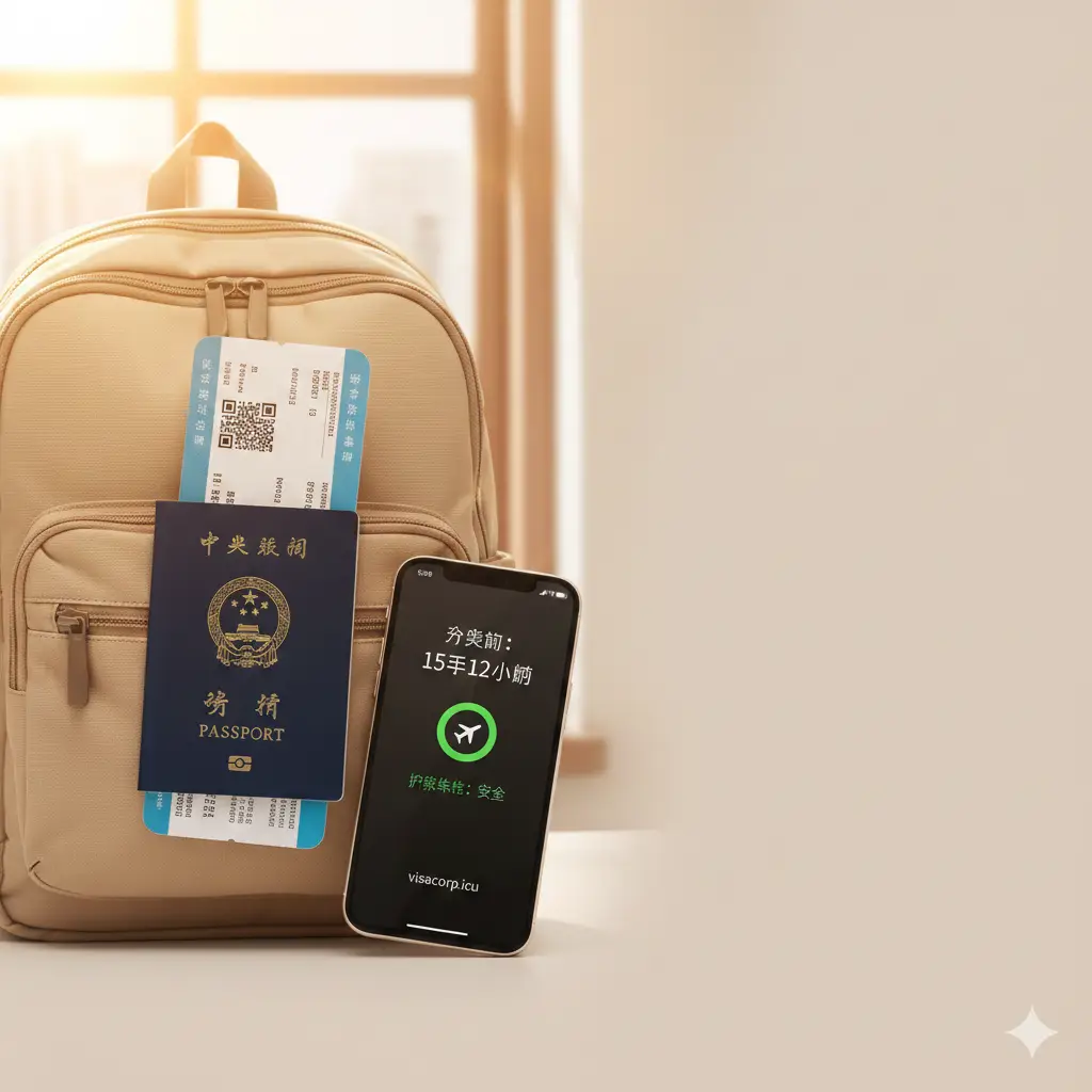 一张富有意境的总结图片。画面是一个整装待发的旅行背包，旁边整齐叠放着护照、登机牌和一部显示行程提醒的智能手机。手机屏幕上显示一个倒计时器和‘护照状态：安全’的绿色标识。阳光从侧面洒入，营造出一种万事俱备、安心出发的轻松感。画面右侧留白处理，方便后期添加总结性文字。整体风格温馨、可靠，象征着了解护照有效期规则后的从容旅行。