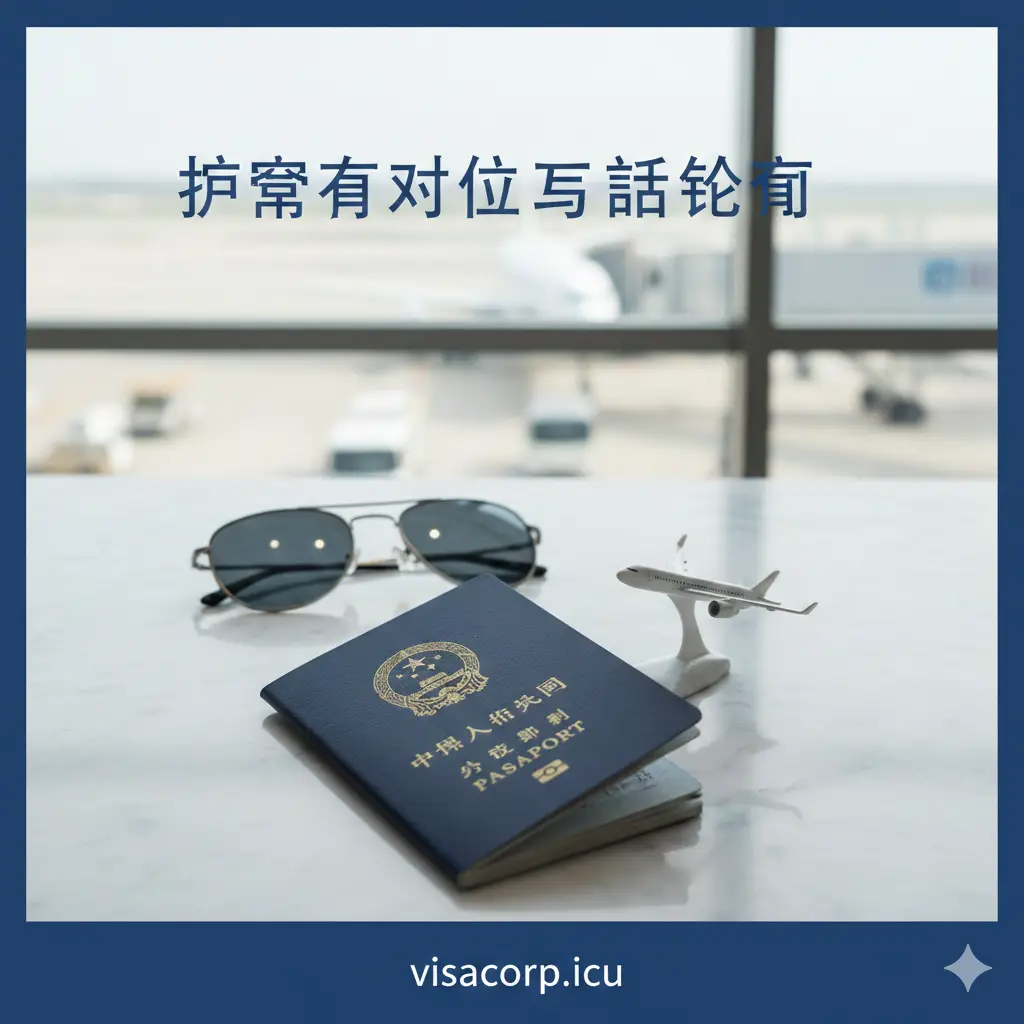 一张高质量的商务旅行风格封面图。画面中心是一本微开的深蓝色中国护照，放置在干净的白色大理石桌面上，旁边散落着一副高质感的墨镜和一架精致的金属飞机模型。光影温和，采用浅景深效果突出护照上的‘中华人民共和国护照’字样。背景呈现出模糊的机场航站楼落地窗，整体色彩以深蓝、金和纯白为主，营造出专业、权威且令人向往的旅行氛围。