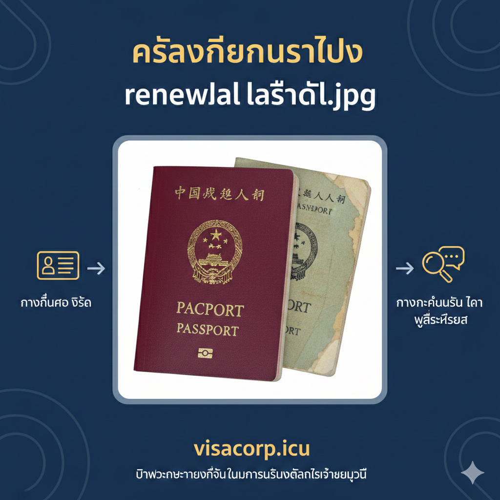 ภาพพาสปอร์ตเล่มใหม่สีแดงวางคู่กับเล่มเก่าที่ถูกตัดมุม พร้อมไอคอนลูกศรชี้ไปยังขั้นตอนต่อไปคือการทำวีซ่า