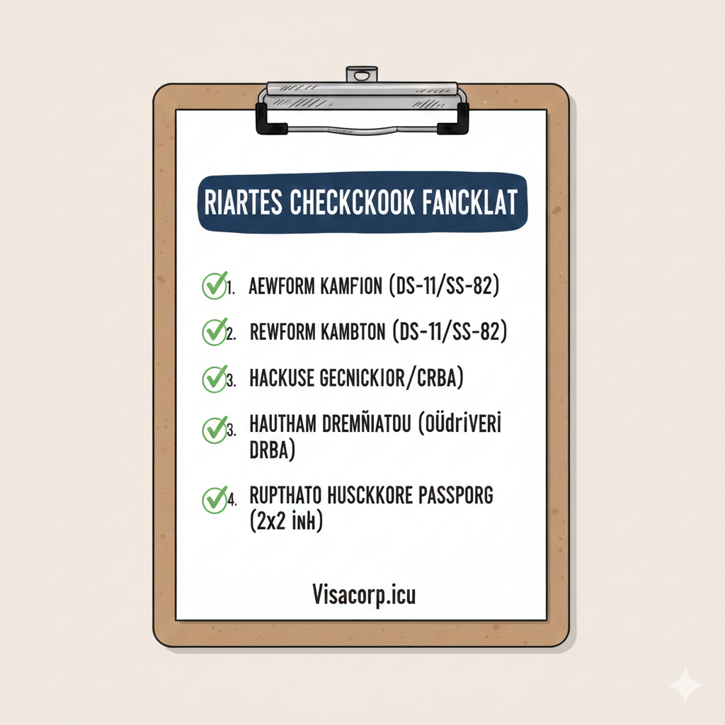 ภาพวาดสรุปรายการตรวจสอบดิจิทัล แสดงองค์ประกอบหลัก 4 อย่างที่จำเป็นสำหรับการสมัครหนังสือเดินทาง: แบบฟอร์มใบสมัคร หลักฐานการเป็นพลเมือง หลักฐานแสดงตัวตน และรูปถ่ายติดหนังสือเดินทาง พร้อมเครื่องหมายถูกเพื่อเน้นย้ำว่าเป็นรายการสุดท้ายที่ต้องตรวจสอบ