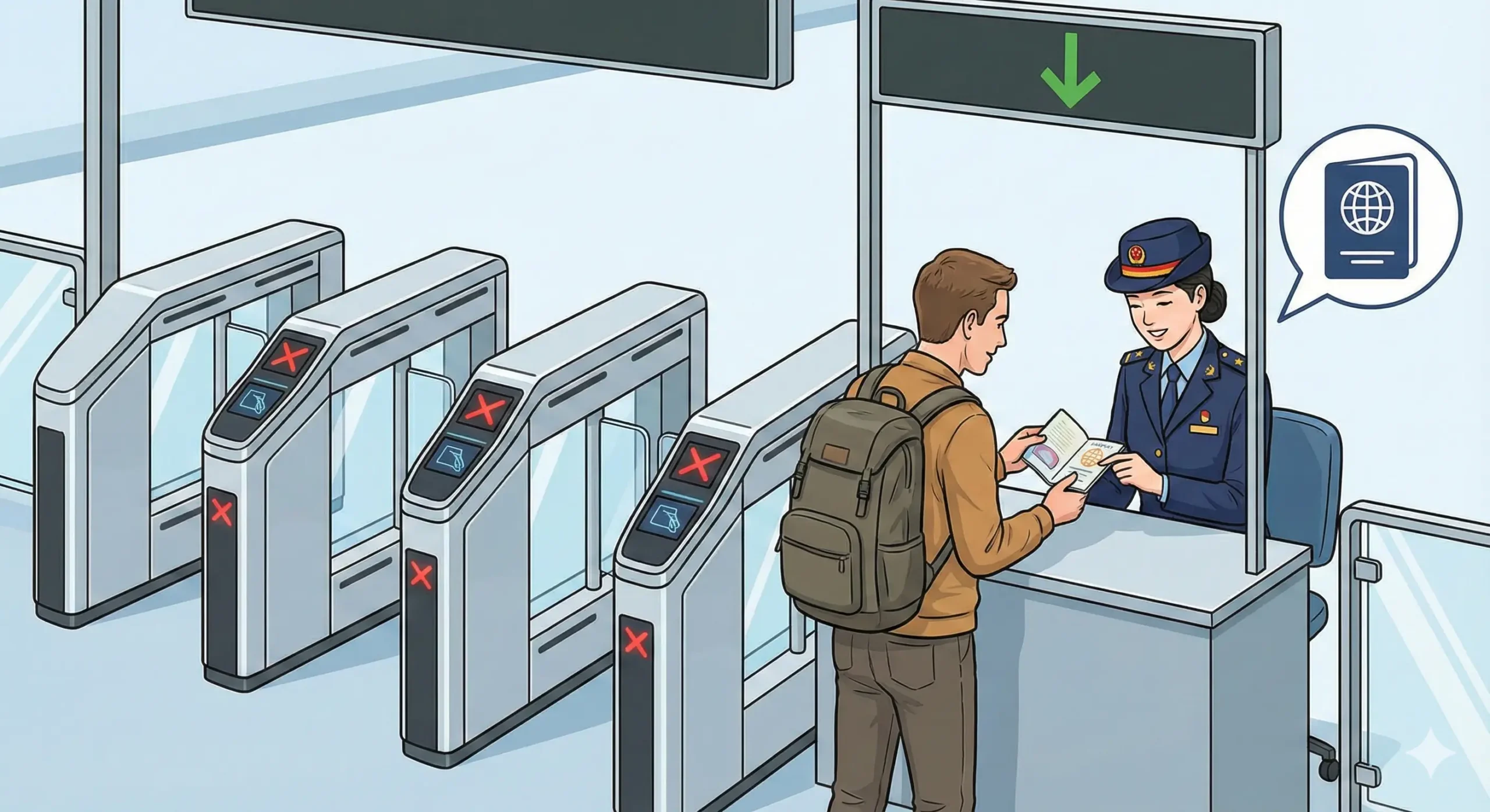 此图用于说明使用护照必须通过人工通道。图片主体应是一个高铁站的检票口场景，清晰地展示“自助检票闸机（Auto Gate）”和“人工检票通道（Manual Lane/Staff Passage）”的对比。重点突出在人工通道处，一位身穿制服的中国铁路工作人员正在检查一位外国人（亚洲人或西方人，手持护照）的护照。色彩明亮，线条清晰，强调人工服务的关键环节，配以“Manual Channel”或泰文/英文的指示牌元素。