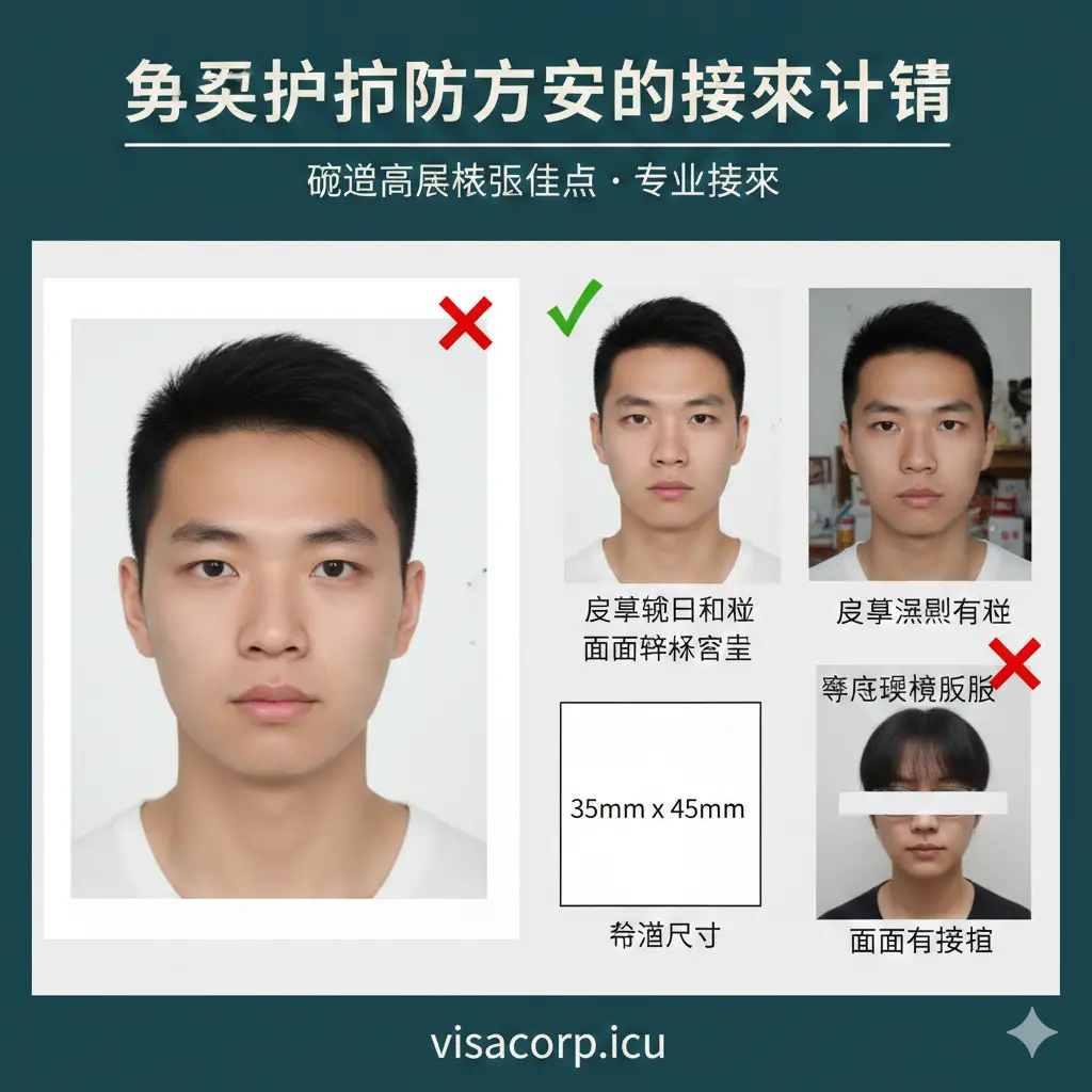 图片重点展示护照照片的严格要求。主体为一个清晰放大的护照照片模型，旁边用醒目的红色和绿色“X”和“√”符号来对比正确的（纯白背景、面部清晰、无阴影）和错误的（有阴影、背景非白色、戴眼镜、面部被遮挡）照片示例。图片采用对比式构图，强调“规避高风险退件点”和“专业检测”。整体采用高对比度，突出细节，强调照片尺寸和背景规范是申请成功的关键。