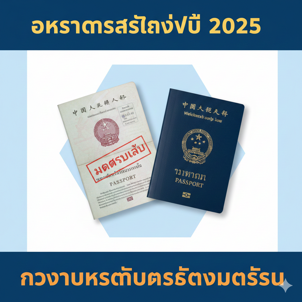 设计一张引人注目的封面图，主题是护照过期换新。画面主体是一个打开的中国护照，其中一页明显标有红色的“EXPIRED”或“已过期”印章。护照旁边放置一个崭新的、颜色鲜亮的芯片护照模型，两者形成新旧对比。背景采用中性蓝色或白色，并用醒目的黄色或橙色粗体大字突出显示关键词“2025最新材料清单”和“过期换新”。整体风格应专业、权威且信息量大，吸引用户点击。