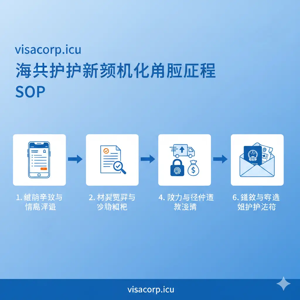 图片是办理流程的SOP（标准操作流程）图解。采用信息图表风格（Infographic），包含5到6个清晰的步骤方块，用箭头连接，形成一个从左到右或从上到下的流程图。每个步骤方块内应包含一个代表性的图标和文字简述，例如：步骤1-手机App图标（线上申请），步骤2-文本文档图标（材料预审），步骤3-邮车图标（双向邮寄），步骤4-新护照图标（取证）。整体配色应使用visacorp.icu的主题色（如专业蓝和辅助色），线条流畅，易于理解，突出在线化和邮寄办理的特点。