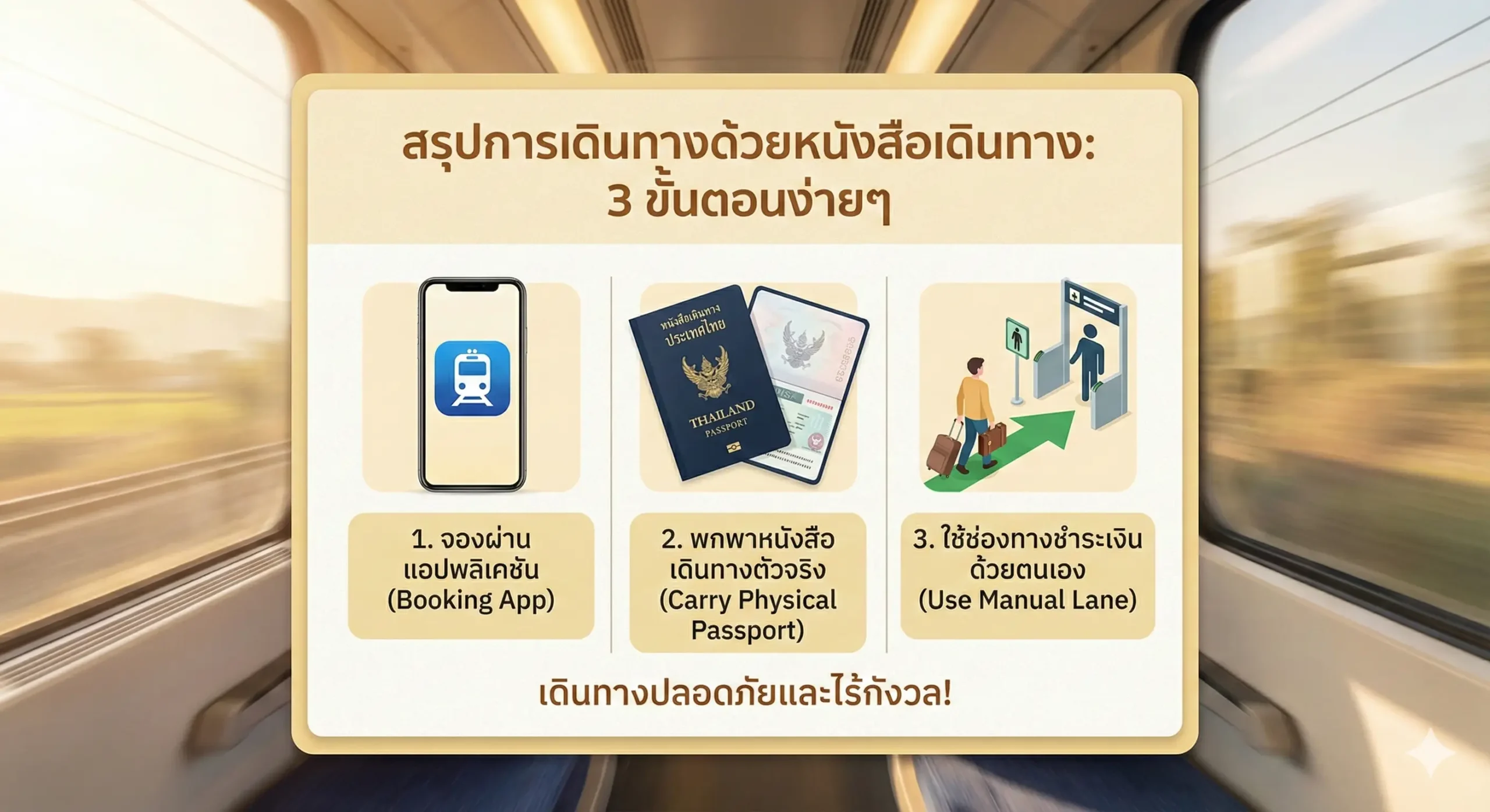 总结图，提供一个清晰的“旅行清单”或“三步走”流程总结。画面中心是一个以高铁车窗为背景的清单图表，包含三个关键步骤的图标：1. 手机上的“12306”App图标（代表正确预订），2. 一本打开的护照实物（代表携带真品），3. 一个指向“Manual Lane”的箭头和人物图标（代表走人工通道）。整体风格是温馨、鼓励旅行，颜色采用温暖的中性色调，让读者感到信息清晰、旅途无忧。