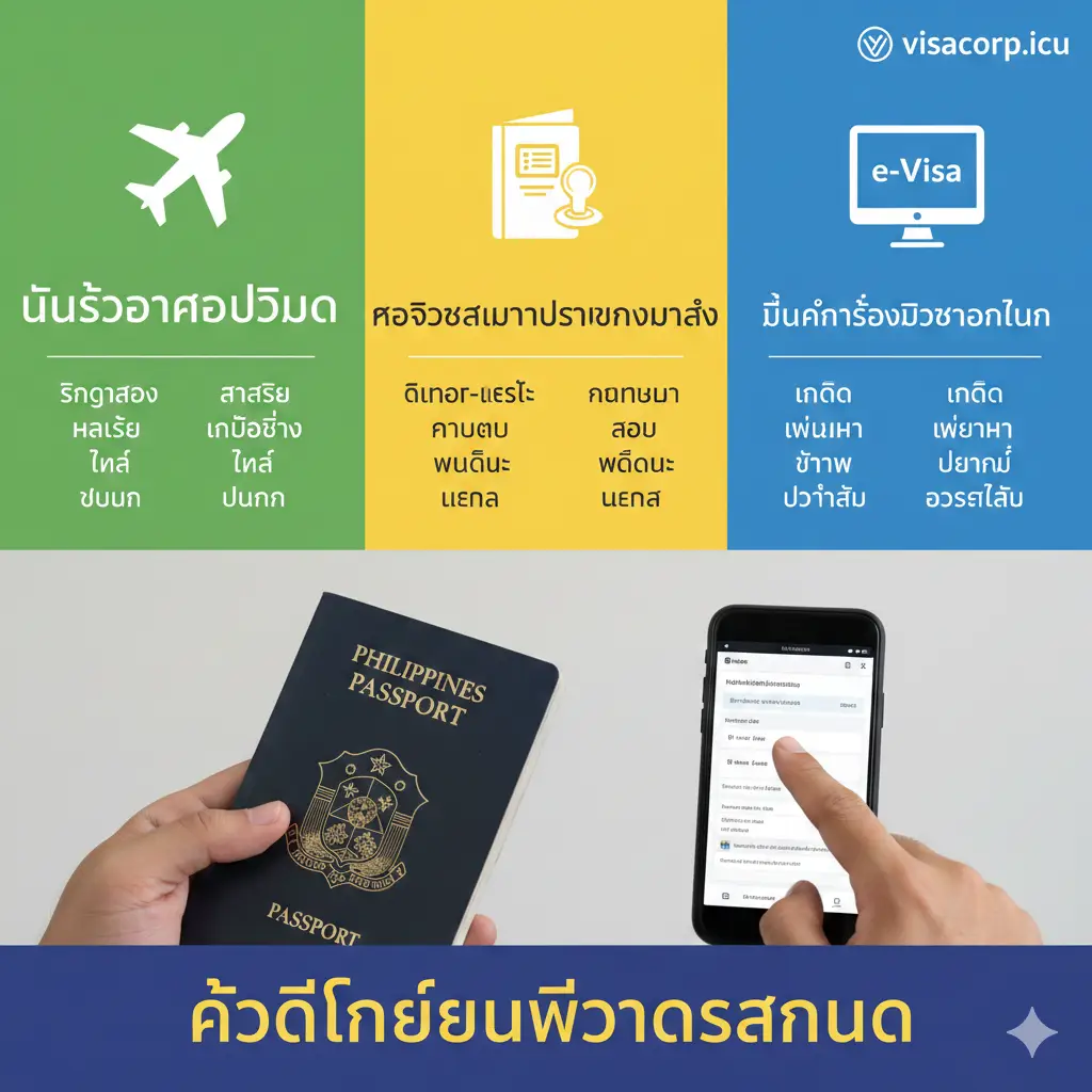 用于解释免签、落地签和电子签的区别。画面分割为三部分，用不同颜色区块区分：绿色（免签，一个飞机图标）、黄色（落地签，一个护照和印章图标）、蓝色（电子签，一个电脑屏幕和“e-Visa”字样）。配图元素应是手持护照和智能手机进行在线申请的动作，强调“如何申请”和“区别”。整体色彩明亮，图标清晰，具有教程指导的视觉效果。