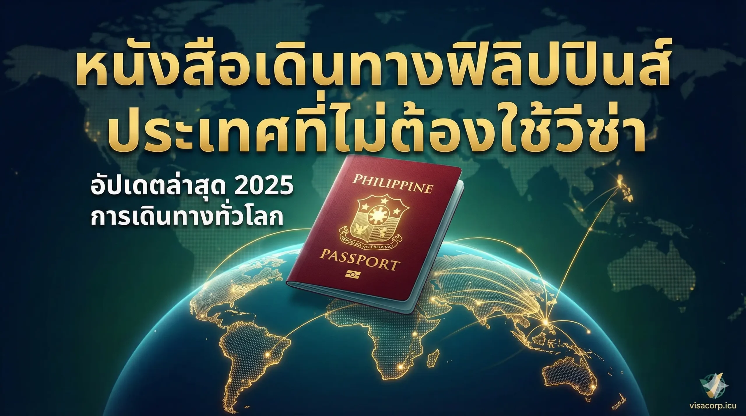 以深蓝色或墨绿色为主色调，象征权威和旅行。画面中央是一个半开启的菲律宾护照（红色封面），下方是地球仪和几条清晰的、连接菲律宾到世界主要免签区域（如东南亚、南美洲）的金色或白色航线。背景是模糊的世界地图，突出“2025最新”和“全球通行”的概念。整体风格现代、专业，营造出一种国际旅行的宏大感。突出护照的权威性。