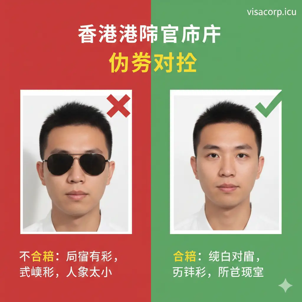 优势对比图。画面分为左右两部分，左侧展示一张带有红色叉号的不合格照片（例如背景有阴影、戴墨镜或面部过小），右侧展示一张带有绿色对勾的完美符合规格的香港护照照片。通过鲜明的视觉对比，突出按照本指南制作照片的高通过率和专业性。色彩对比度高，让用户一目了然什么是正确做法。