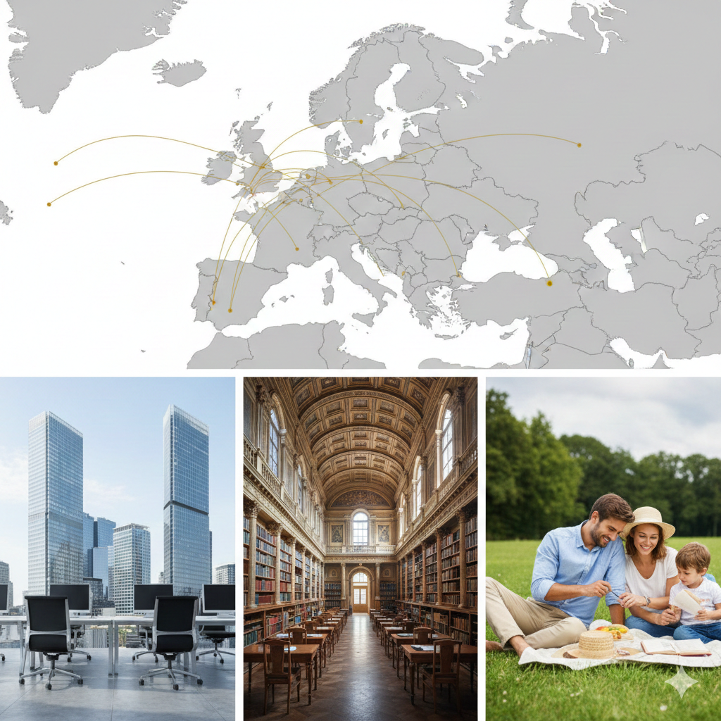 一张现代风格的拼接概念图，展示波兰护照作为欧盟公民身份的多重功能。画面分为三个部分，自然融合：左侧展示在现代化摩天大楼内的商务办公场景（代表工作权）；中间展示欧洲顶尖大学古老图书馆内的学习场景（代表教育权）；右侧展示一家人在欧洲公园内悠闲野餐的场景（代表居住与福利）。画面上方悬浮着半透明的欧盟27国地图轮廓，用金色线条连接，寓意“一国护照，全欧通用”。色彩明亮清新，突出生活质量与商业机遇。