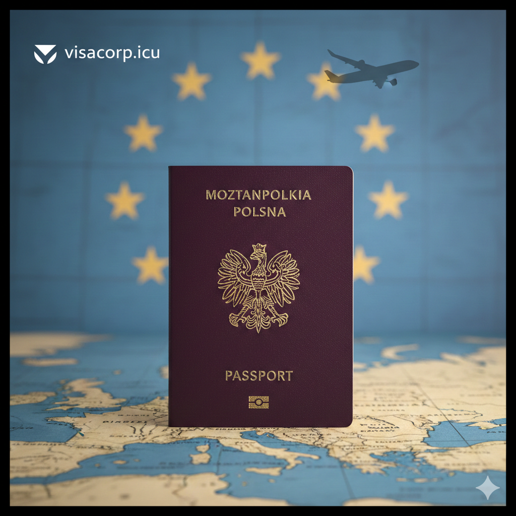 一张极具质感的高清摄影图作为封面。画面中心是一本深红色的波兰护照，封面上的金鹰国徽在柔和的暖光下闪耀光泽，护照放置在一张泛黄的欧洲古地图或现代简约的欧盟地图之上。背景虚化处理，隐约可见欧盟旗帜的星环元素和一架正在起飞的飞机剪影，象征着自由通行与广阔的未来。整体色调为勃艮第红搭配金色与欧盟蓝，营造出高端、权威且令人向往的视觉氛围，完美契合visacorp.icu的专业形象。