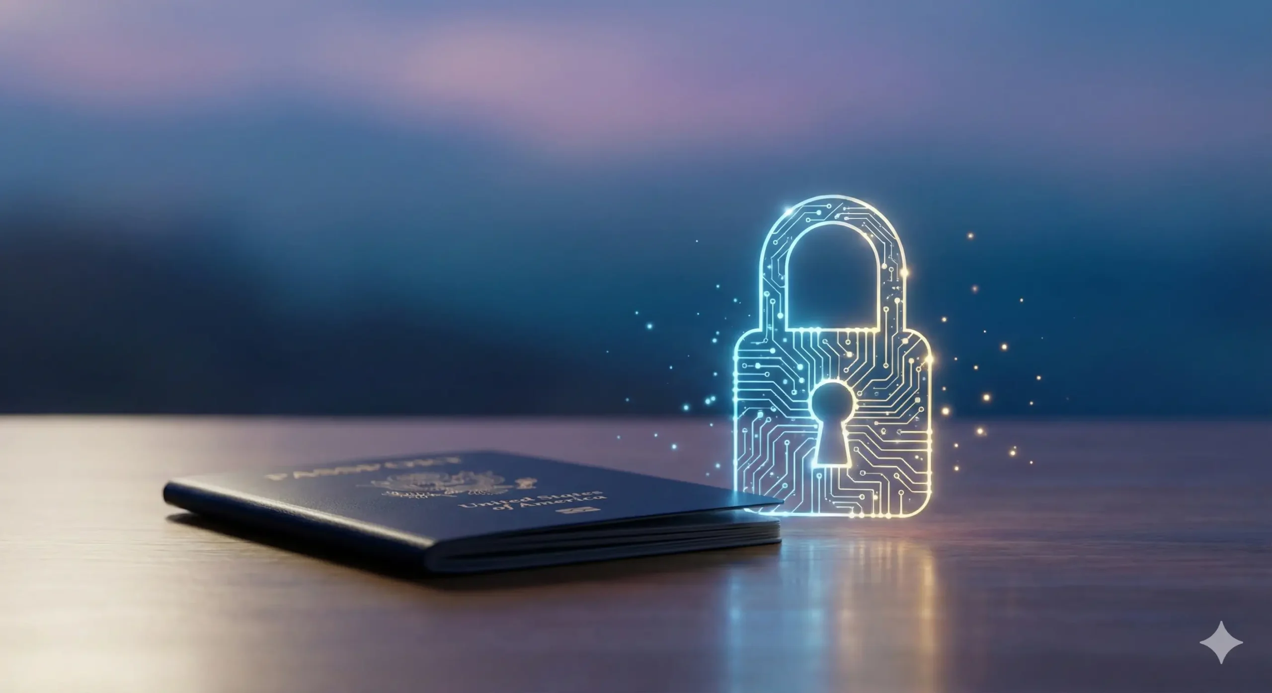 一张极简主义的总结性图片，构图中心是一本合上的美国护照静置在光滑的桌面上，旁边是一个由电路和光线构成的数字挂锁图标。