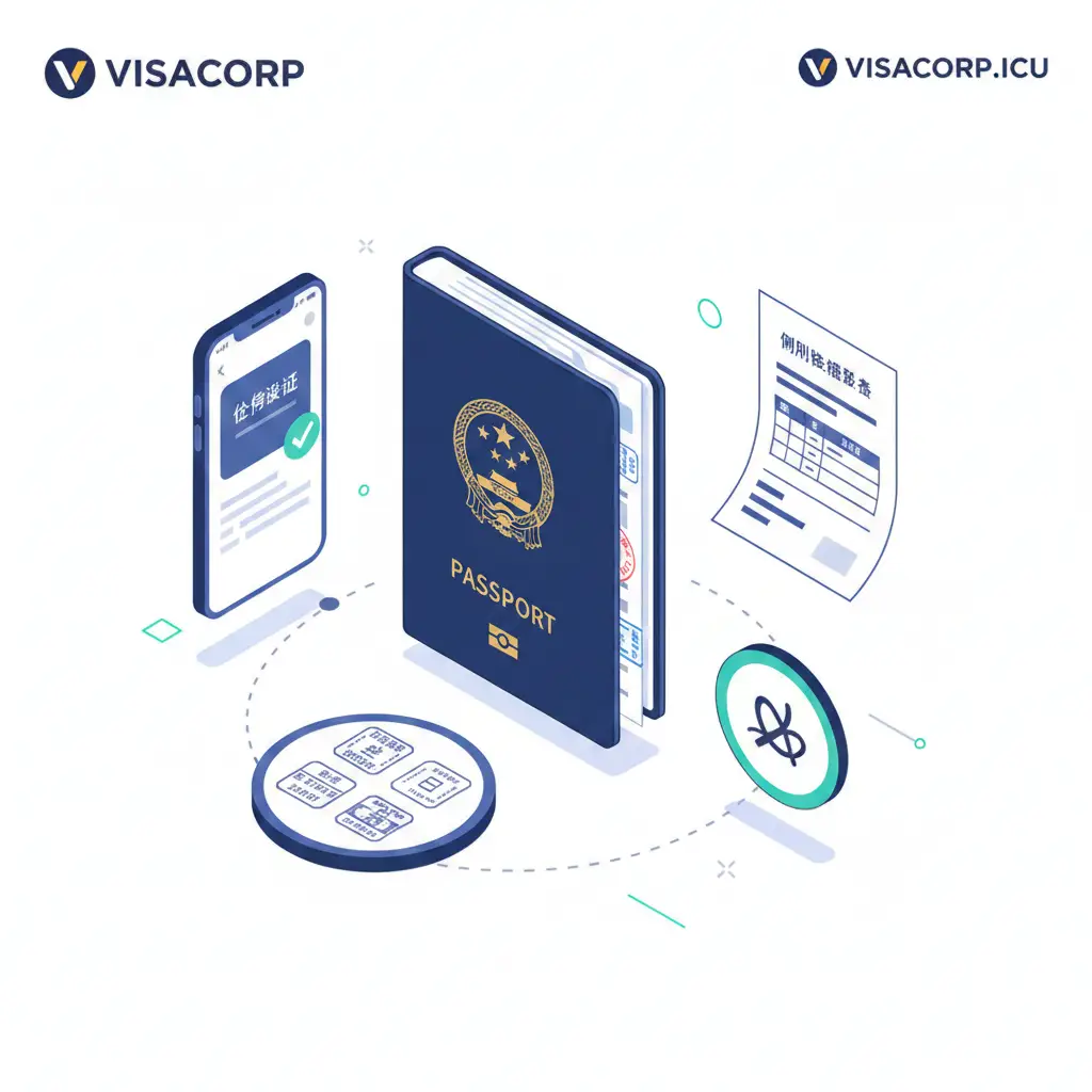 一张精美的3D等距视角图标设计，展示开户所需的功能性材料。画面中心是一本护照，周围环绕着智能手机（显示实名认证界面）、临时住宿登记表纸张以及签证盖章元素。配色方案采用Visacorp品牌色系，使用清晰的符号化表达，让用户一眼看清‘护照+辅助材料’的核心逻辑。