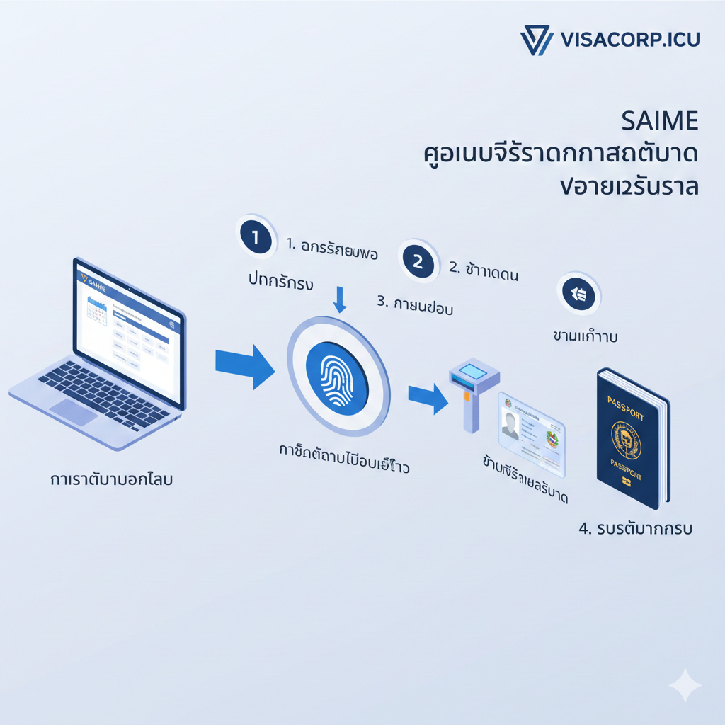 一张具有教育意义的流程示意图,展示SAIME系统的护照申请步骤。画面左侧是一台显示SAIME预约界面的笔记本电脑,右侧展示生物识别元素(如指纹扫描仪图标)和实体身份证件(Cédula)。画面中间用流畅的箭头连接,象征从线上预约到线下采集的完整流程。构图采用等距视角(Isometric),色彩采用科技蓝与政府办公风格的配色,清晰易懂。