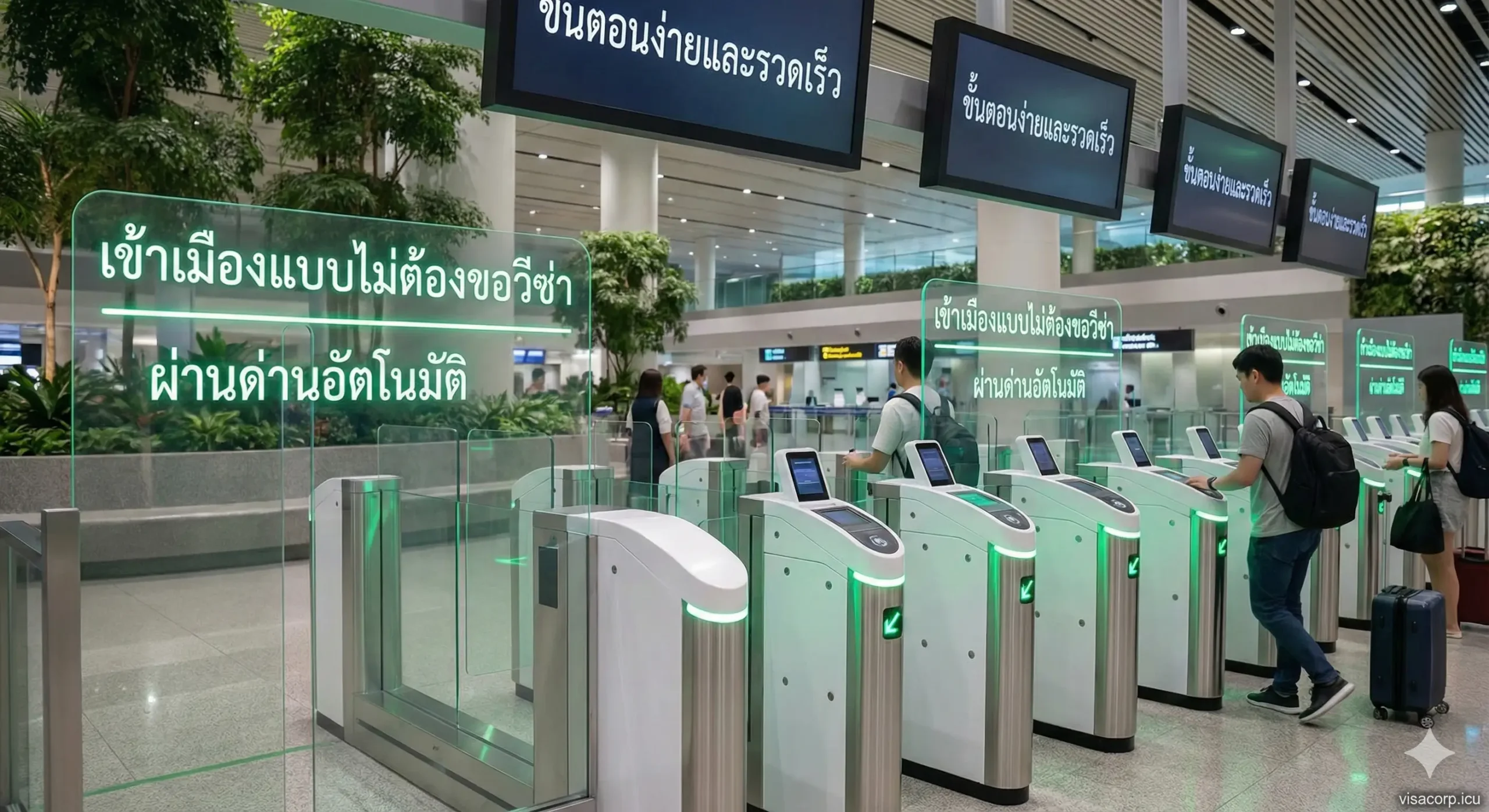 描绘新加坡樟宜机场（Changi Airport）现代化且高效的入境边检区域。画面展示明亮宽敞的通道，自动通关闸机（Automated Lanes）亮着绿色的通行指示灯，侧面有清晰的英语和中文指示牌。风格科技感强，色彩清新（绿色、白色、金属银），传达出顺利通关、无障碍入境的积极信号，消除用户对过海关的紧张感。