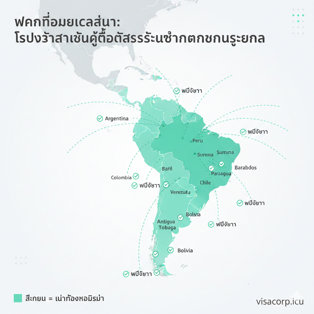 一张现代简约风格的地图数据可视化图片,重点高亮显示南美洲和加勒比海地区。使用清新的青色或绿色标记出委内瑞拉护照免签的国家(如阿根廷、巴西、哥伦比亚),并配以小型的“免签”图标或勾选标记。背景保持干净的灰白色,辅以数据线条连接,直观展示该护照在美洲区域的强大通行优势,便于读者一眼获取核心免签信息。