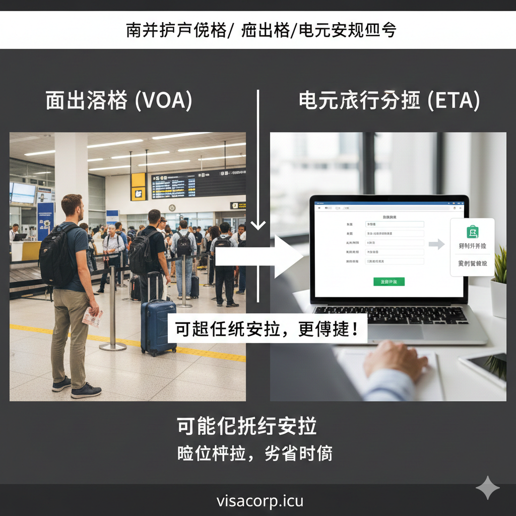 教程图片旨在说明“落地签 (VOA) 与电子旅行授权 (ETA)”的区别与流程。图片采用三格或两格对比布局。左侧为“落地签 (VOA)”，展示一个旅行者在机场柜台排队，手持护照和现金的场景。右侧为“电子旅行授权 (ETA)”，展示一个用户在笔记本电脑前，界面上是简单的在线申请表单或一个“提交”按钮。整体使用箭头和流程图元素连接，清晰指示在线申请的便捷性，风格应简洁、步骤清晰，突出“提前在线申请”的重点。