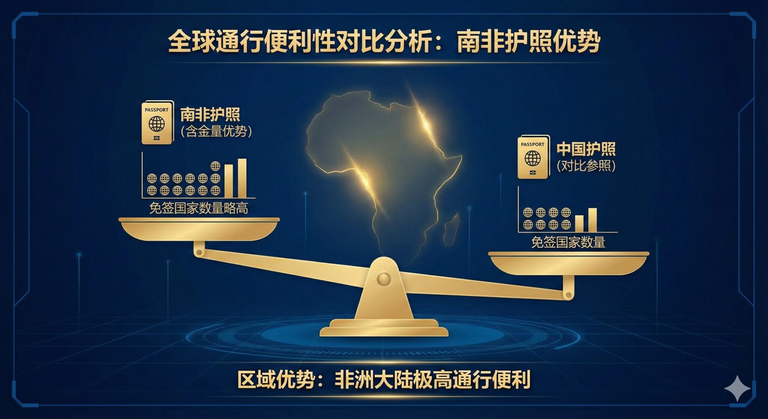 优势图片聚焦于“南非护照含金量”的对比分析。画面主体为一个平衡秤或柱状图，一边是南非护照，另一边是中国护照或其他主流护照的微缩模型。南非护照一侧的柱子或托盘略高，象征其在免签国家数量上的略微优势。背景应有非洲大陆的剪影，突出其在非洲区域的极高通行便利性。色彩使用象征权威的深蓝色和代表价值的金色，风格为商业分析图表（Business Chart），强调数据和排名的专业性。
