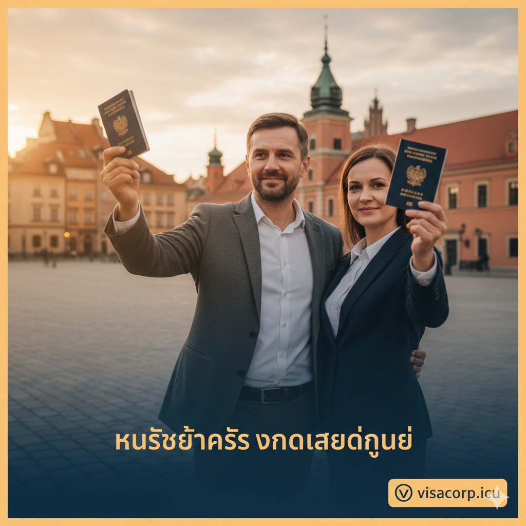 一张充满情感与希望的总结性图片。画面展示一位穿着商务休闲装的成功人士（或一个中产家庭），手中自信地举着波兰护照，背景是华沙老城广场或标志性的欧洲建筑群，沐浴在金色的夕阳余晖中。人物面带微笑，眼神坚定地望向远方，寓意开启了新的人生篇章。图片右下角巧妙融入visacorp.icu的品牌Logo水印或咨询按钮的视觉暗示，色彩温暖且具有感染力，激发用户的行动欲望。