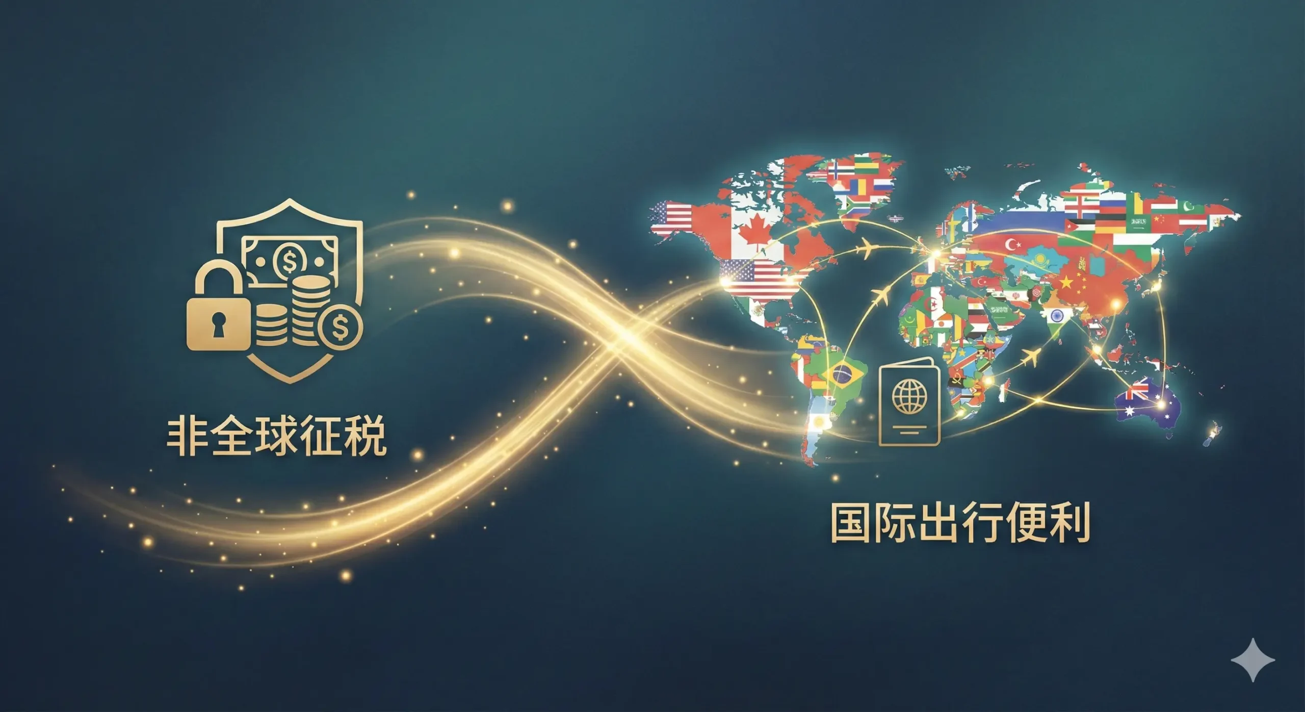 功能图片，重点突出非全球征税和国际出行便利两大核心功能。画面一侧是抽象的税务图标（如锁住的资产或货币符号），下方配有“非全球征税”中文小字；另一侧是多国国旗组成的世 界地图或航线网络，强调免签功能。两者以一条动态的、流线型的光束连接，代表苏里南护照同时提供的财富安全和自由流动。采用沉稳的蓝绿色调和金色高光，体现专业和高价值，适合作为“二、 苏里南护照概况与含金量分析”的配图。