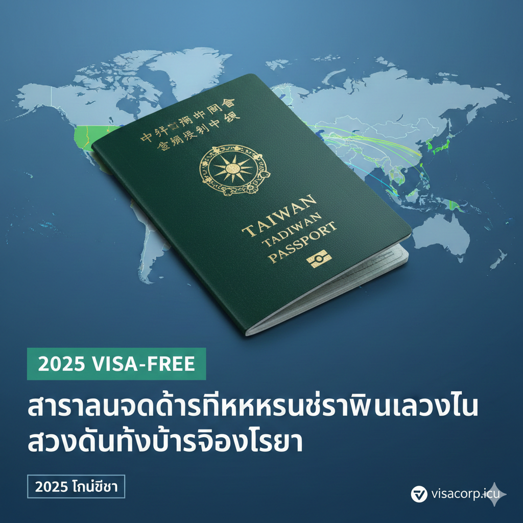 图片应เป็น一张引人注目、专业且具有全球旅行氛围的封面图。主体元素是一本现代设计的中华民国（台湾）深绿色护照，放置在一个世界地图的背景之上，地图上以发光或彩色线条突出显示了台湾护照免签的国家和地区（如北美、欧洲申根区、日本等）。风格应是扁平化或低多边形的全球旅行主题，色彩主色调为科技蓝、绿色和金色点缀，象征便利和价值。构图采用特写和俯视，突出护照的重要性，并在旁边配有“2025 VISA-FREE”的字样，强化时效性。