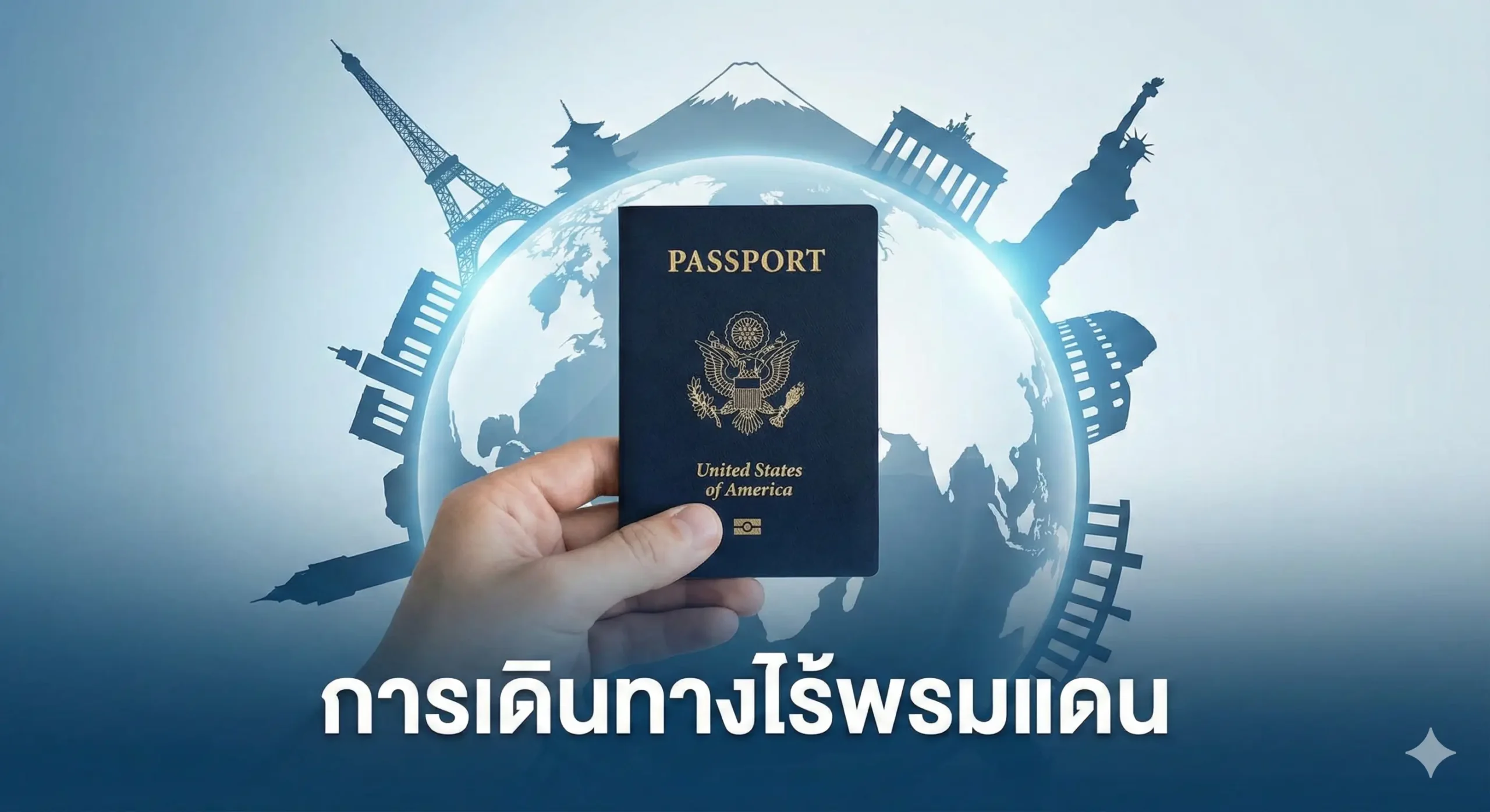 展示美国护照强大通行能力的创意合成图。画面中心是一只手拿着打开的美国护照，周围环绕着半透明的地球仪和世界著名地标（如埃菲尔铁塔、富士山等）的剪影。色彩以象征信任的蓝色和象征自由的白色为主，视觉风格现代简洁，突显免签进入180多个国家的全球通行特权。
