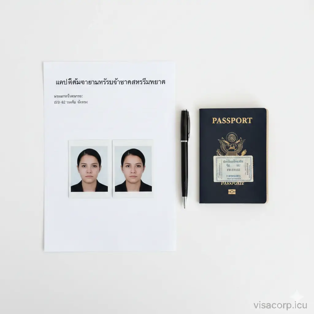 俯拍视角的平铺构图（Flat lay），展示美国护照申请或更新所需的材料。白色桌面上整齐摆放着DS-11或DS-82申请表格、一支黑色签字笔、两张严格符合规格的2x2英寸白底证件照，以及一本旧的美国护照。光线明亮均匀，无阴影，清晰传达出准备文件的严谨性和步骤感。