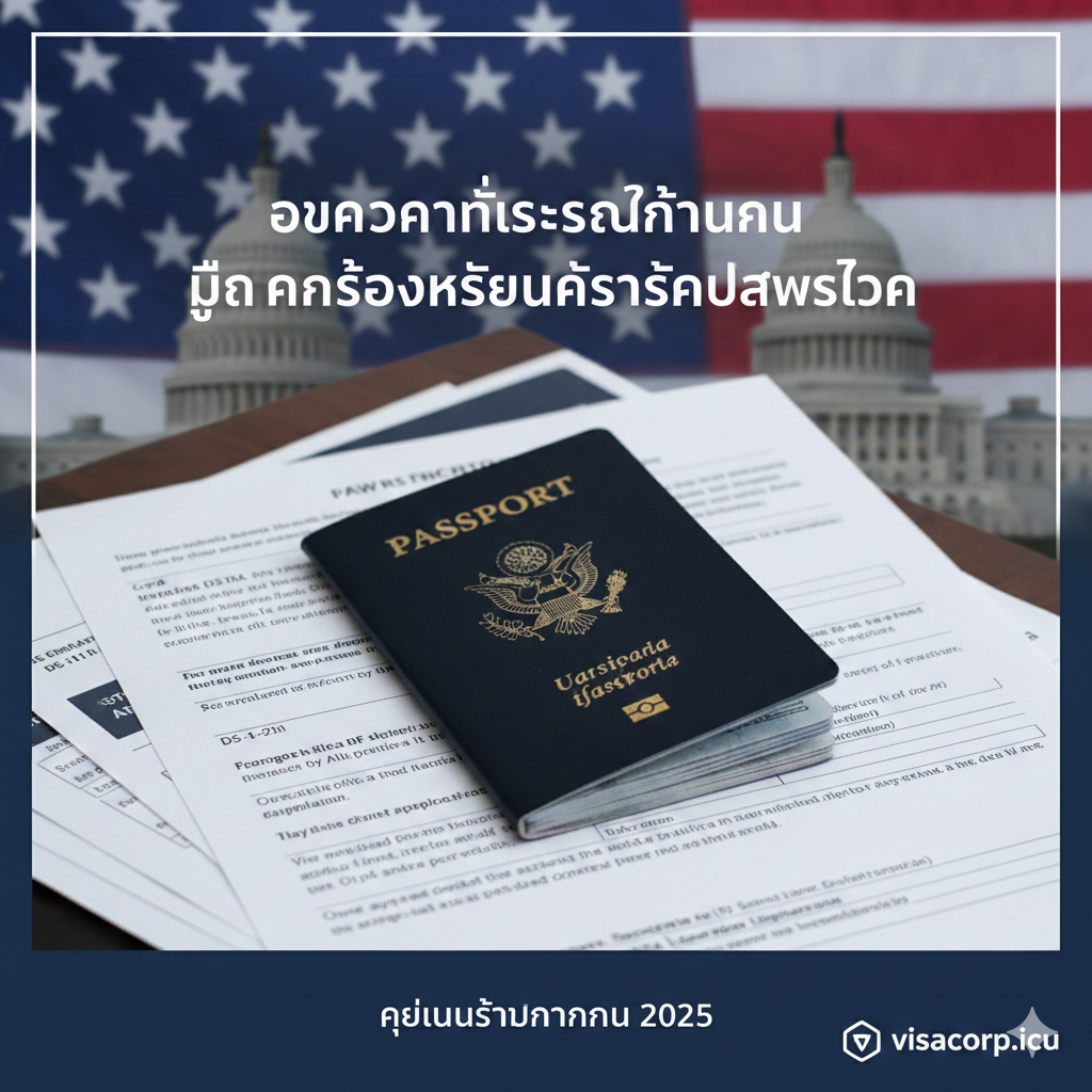 ภาพวาดหนังสือเดินทางสหรัฐอเมริกาที่มีตราประทับนกอินทรีสีทองวางอยู่บนเอกสารสำคัญและแบบฟอร์มใบสมัคร DS-11/DS-82 โดยมีฉากหลังลายธงชาติอเมริกาเพื่อเน้นความน่าเชื่อถือและความเป็นทางการของคำแนะนำปี 2025