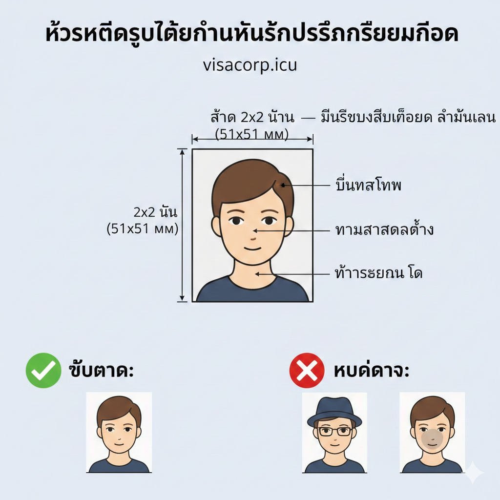 ภาพแนวทางการถ่ายรูปติดหนังสือเดินทางสหรัฐอเมริกาอย่างละเอียด แสดงตัวอย่างที่ถูกต้องและข้อผิดพลาดที่พบบ่อย เช่น ขนาด 2x2 นิ้ว พื้นหลังสีขาว และการห้ามสวมแว่นตา เพื่อให้ผู้สมัครทำตามได้ง่าย
