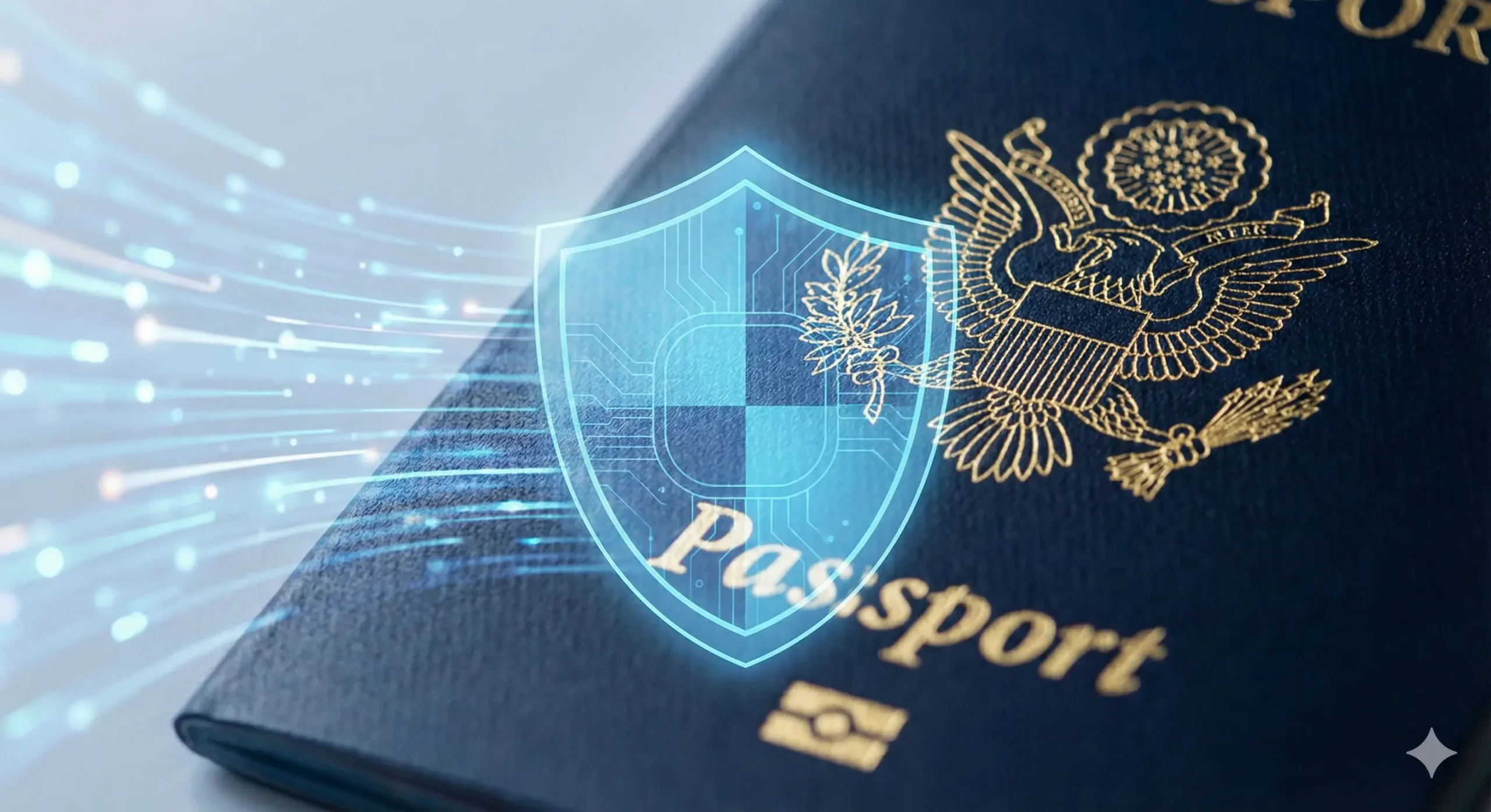 一张专业的高清特写图片，展示了美国下一代护照（Next Generation Passport）的深蓝色封面和金色鹰徽。画面中央叠加了一个半透明的发光蓝色数字盾牌图形，象征着身份保护和网络安全。