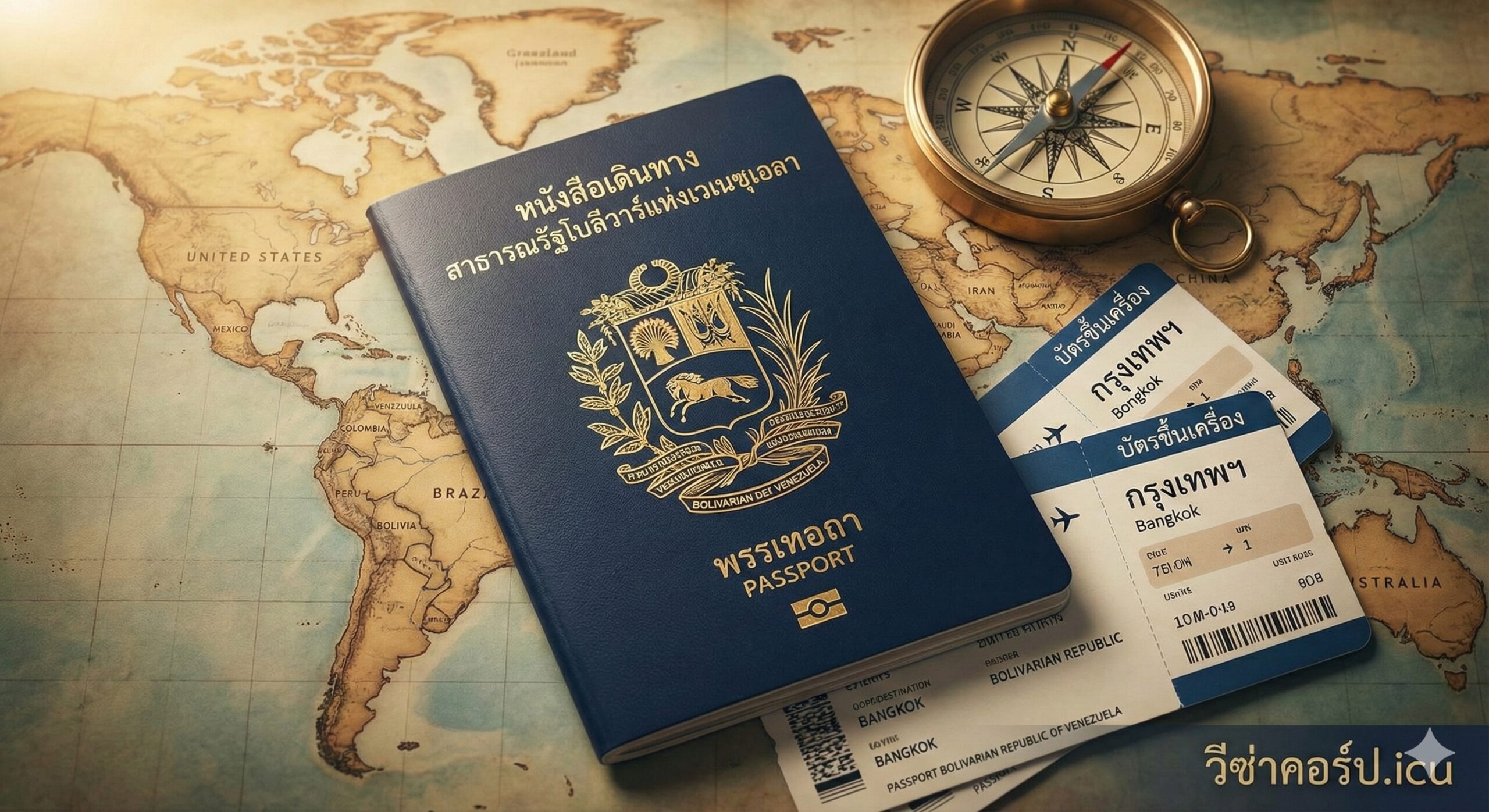 一张高清晰度的写实风格图片,展示一本深蓝色的委内瑞拉护照放置在复古风格的世界地图上。柔和的灯光聚焦在护照封面的金色国徽上,旁边摆放着登机牌和指南针,象征着全球旅行的自由与流动性。整体色调为深蓝与暖金色的搭配,营造出专业、权威且充满探索感的视觉氛围,完美契合visacorp.icu作为签证资讯站点的品牌形象。
