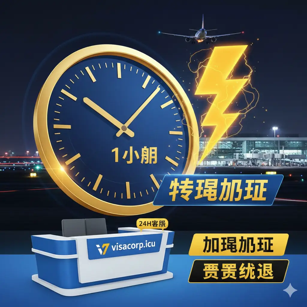 强调速度和紧急服务的概念图,用于“蓝海机会:加急/紧急办理服务”段落。画面中央是一个巨大的、充满动感的时钟或计时器,指针指向“1小时”或“特急”。旁边有一个醒目的闪电图标。背景是略微模糊的飞机跑道或机场大厅,增强时间紧迫感和出行主题。前景聚焦于 visacorp.icu 品牌的专业和快速响应,可以有“24H客服”的标志,用鲜明的对比色(如黄色与黑色)来突出“加急”和“错误挽回”的核心价值。