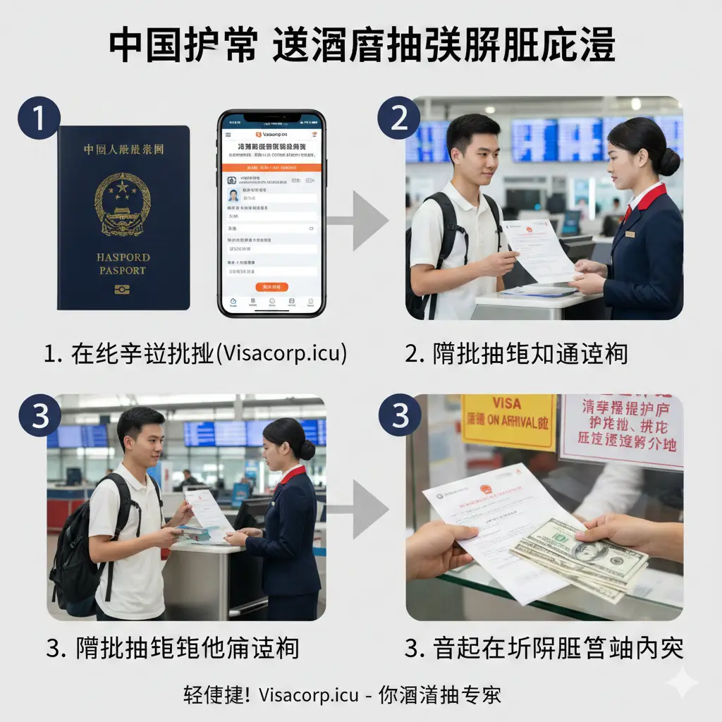 流程图或三步走教程风格的图片,用于“落地签办理流程”段落。图片采用清晰的步骤编号(1, 2, 3),每一步配有相应的视觉元素:步骤1“准备”:放大并清晰展示护照首页照片和手机屏幕上 visacorp.icu 的界面;步骤2“出发”:一个旅客在机场值机柜台前向工作人员展示打印好的批文;步骤3“入境”:一只手在越南机场的“Visa on Arrival”柜台递交文件和美元现金。整体色调明快、步骤清晰,引导用户无障碍完成流程,突出批文代办的重要性。