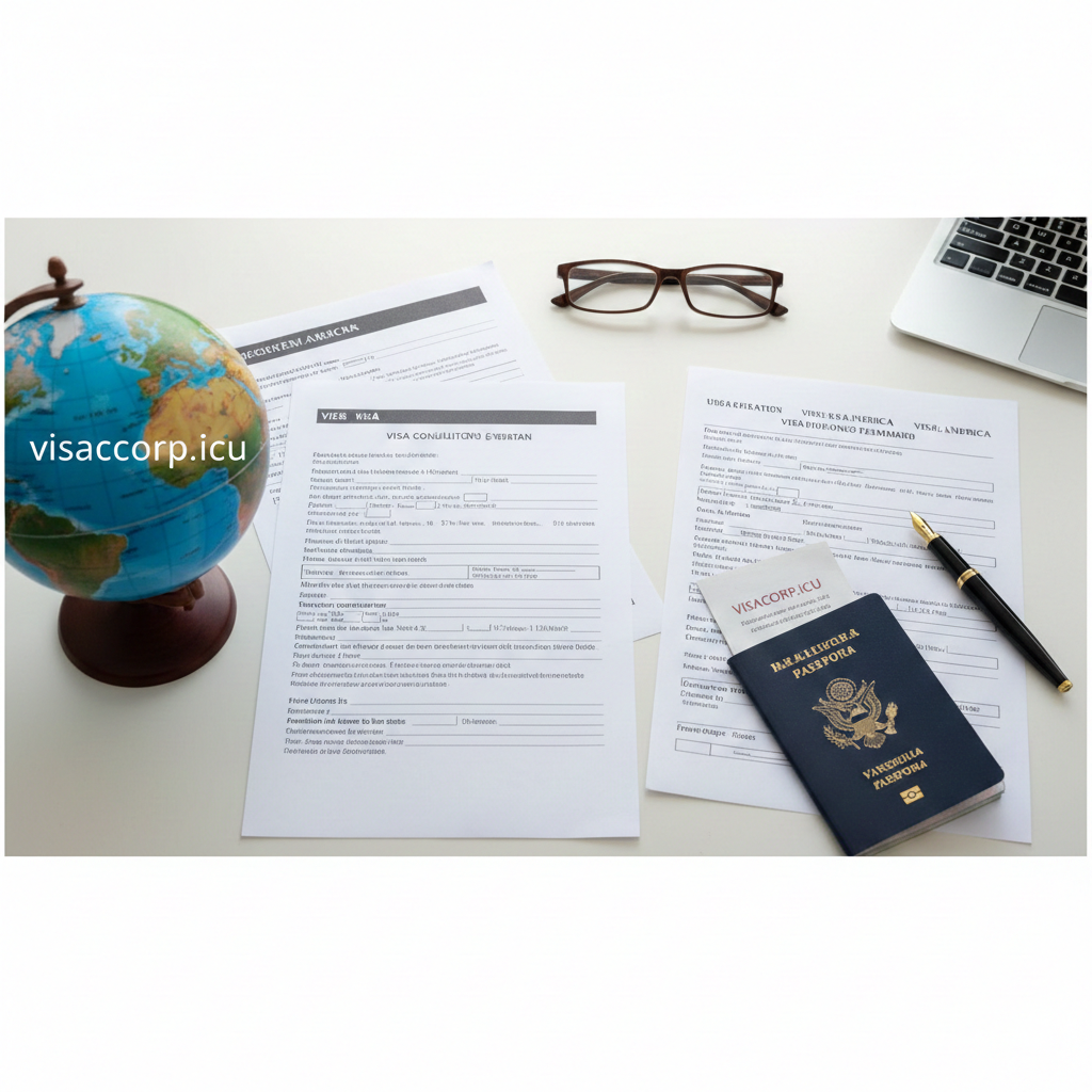 一张商务风格的桌面俯拍图(Flat-lay),象征复杂的签证规划与总结。桌面上整齐摆วาง着申根签证申请表、美国签证文件、一支钢笔、一本委内瑞拉护照以及一副眼镜。画面一角有一个带有visacorp.icu风格的地球仪模型,寓意专业的全球签证咨询服务。光线明亮自然,传递出井井有ระเบียบ、准备充分的积极信号,呼应文章结尾的专家建议。
