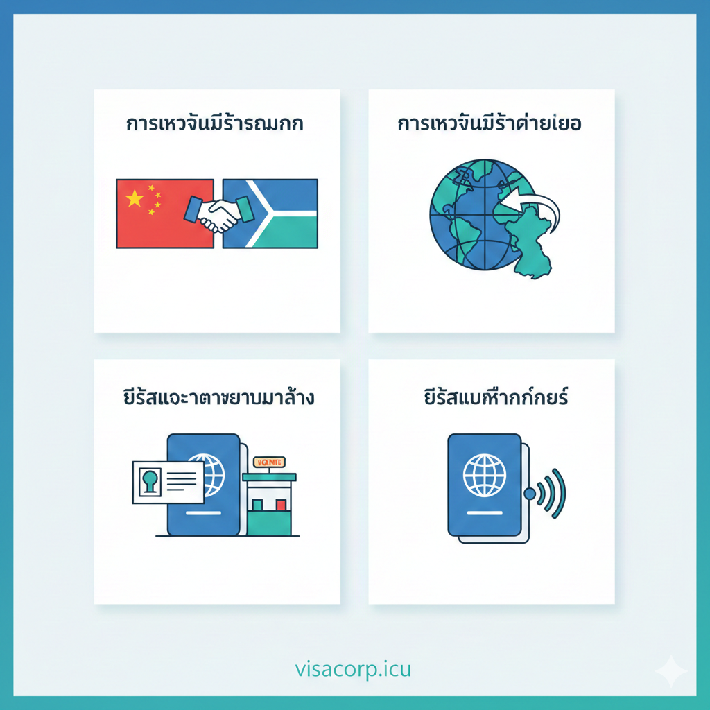 此图用于解释文章I部分的免签类型(互免签、单方面免签、落地签、电子签)。画面应采用信息图表(Infographic)风格,以清晰的四宫格形式呈现。每个格子内用简洁的图标代表对应的签证类型:互免签用两个握手的小旗帜(中国和目标国),单方面免签用一个单向箭头的地球仪,落地签用一个护照和海关盖章的符号,电子签用一个带有网络符号的护照。整体色彩采用visacorp.icu的主题色,蓝绿色和白色,确保信息易读性和专业性。