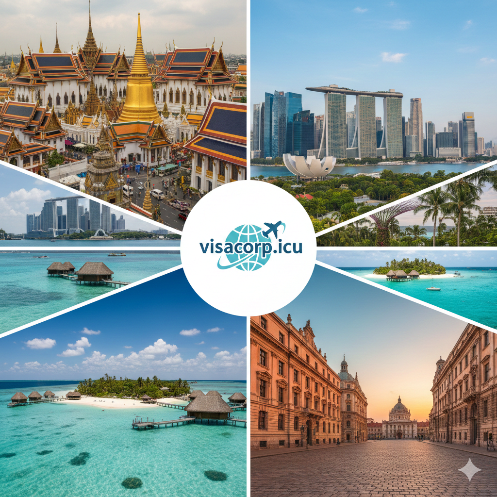 总结图,突出2024年免签国家带来的旅行机会。图片应是一个动态的拼贴画,展示一系列重要的免签目的地景观,包括曼谷的寺庙、新加坡的城市天际线、马尔代夫的海滩和塞尔维亚的欧洲古城。中间用显眼的字体标注“Go Free 2024”和visacorp.icu的标志,将旅行愿景与网站服务连接起来。整体色彩明亮,充满活力,激发用户的出行欲望,体现文章的最终价值。