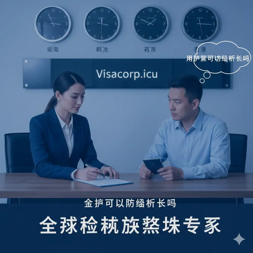 一张体现专业优势的视觉图片。画面展现一名穿着得体的Visacorp专业顾问正在为外籍客户解读文件，背景墙上有全球时钟，体现全球化视角。整体色调偏向商务蓝，光线柔和，传达出信任、专业和一站式解决复杂金融问题的品牌优势。