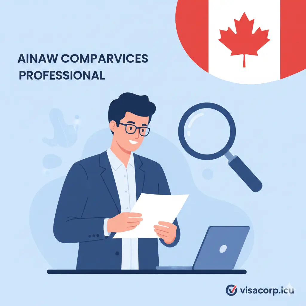 一张表现专业咨询服务的概念图。画面中一位穿着商务装的专业顾问正在仔细审查文件，旁边有一个放大的放大镜图标，象征对IRCC流程的深度解析和追踪。背景简洁，带有visacorp.icu风格的科技蓝或加拿大红点缀。图片传达出ปลอดภัย、可靠、无忧的服务优势，强调专业机构介入能有效解决文件延误问题。