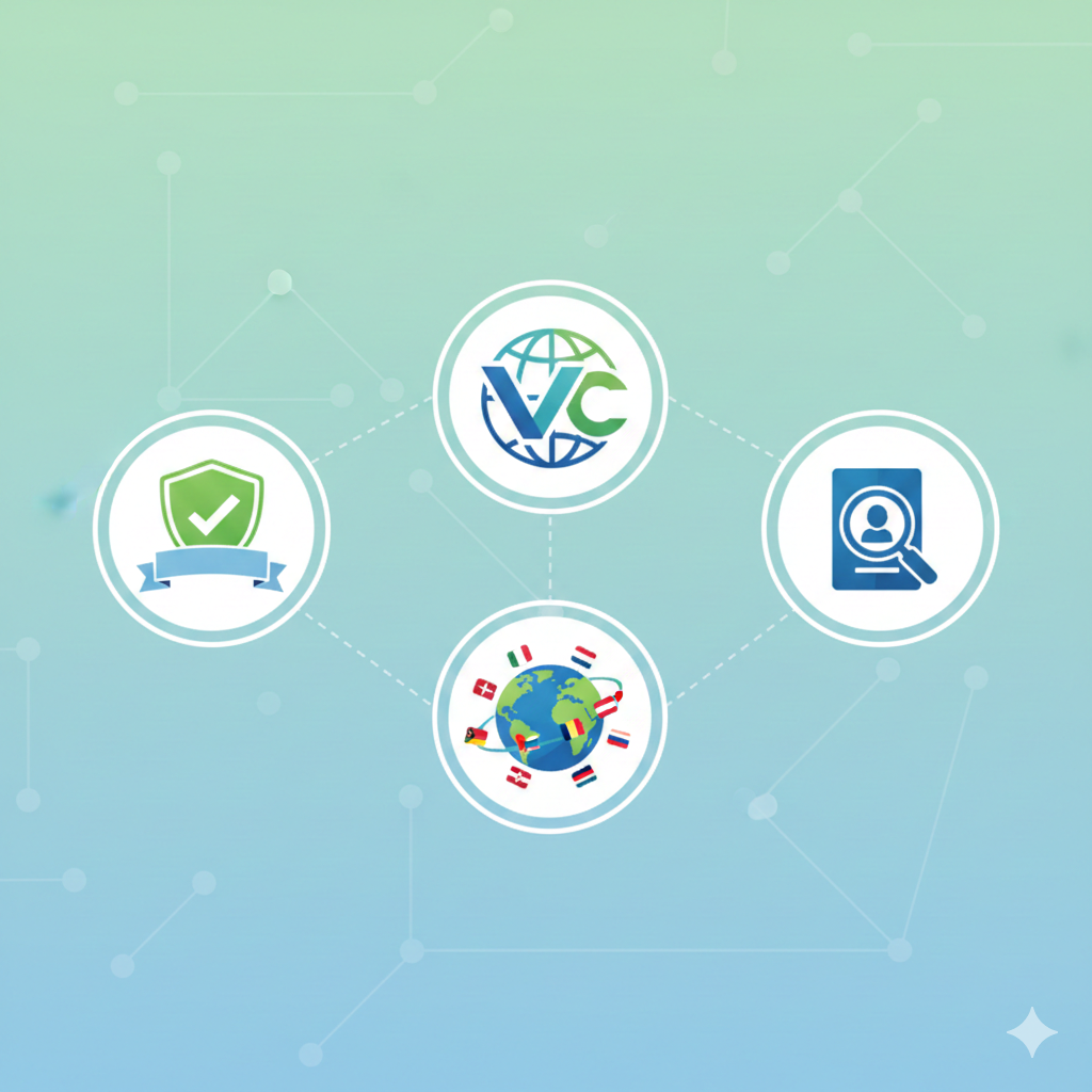 ภาพแสดงข้อดี เน้นการรับประกันอย่างมืออาชีพและการสนับสนุนหลายประเทศของ visacorp.icu ตรงกลางภาพคือโลโก้แบรนด์ของ visacorp.icu (หรือสัญลักษณ์นามธรรม) ล้อมรอบด้วยไอคอนข้อได้เปรียบหลักสามประการ: ไอคอนเครื่องหมายถูกสีเขียว “ผ่าน 100%” (การรับประกันการปฏิบัติตามข้อกำหนด); ไอคอนธงหลายผืนหรือลูกโลก (การสนับสนุนข้อกำหนดหลายประเทศ); ไอคอนแว่นขยายหรือรูปภาพผู้เชี่ยวชาญ (การตรวจสอบด้วยตนเอง/การรับประกันอย่างมืออาชีพ) พื้นหลังสามารถใช้การไล่ระดับสีอ่อนที่นุ่มนวลและมีลวดลายทางเรขาคณิตเล็กน้อย เพื่อเพิ่มความรู้สึกเป็นมืออาชีพและความน่าเชื่อถือ เน้นความสะดวก ความเป็นมืออาชีพ และอัตราการผ่านสูง